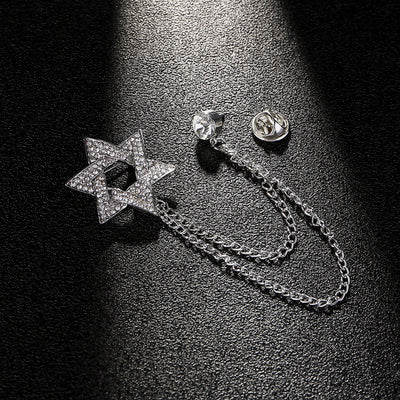 Men's Rhinestone Star of David Chain Brooch - Silver - image 2