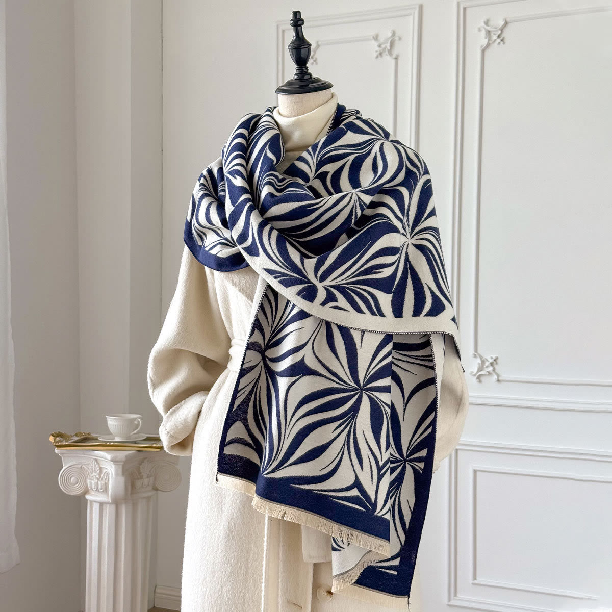 Women's Winter Stylish Leaf Pattern Black White Shawl Scarf - Blue - image 4