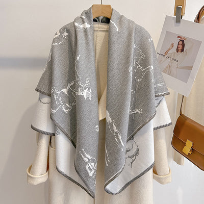 Women's Retro Horse Pattern Shawl Scarf - Gray - image 2