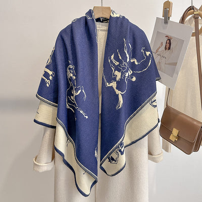 Women's Retro Horse Pattern Shawl Scarf - Dark Blue - image 0