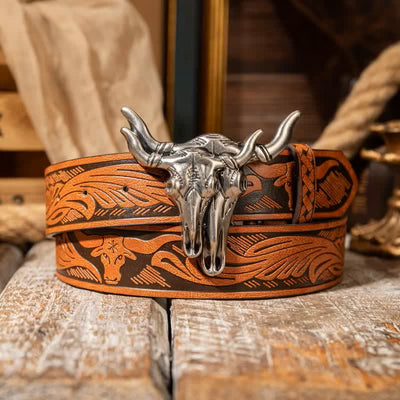 Double Bull Heads Western Embossed Leather Belt - Orange / Silver - 38 - image 4