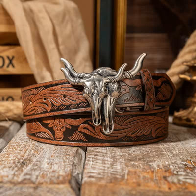 Double Bull Heads Western Embossed Leather Belt - Brown / Silver - 38 - image 8