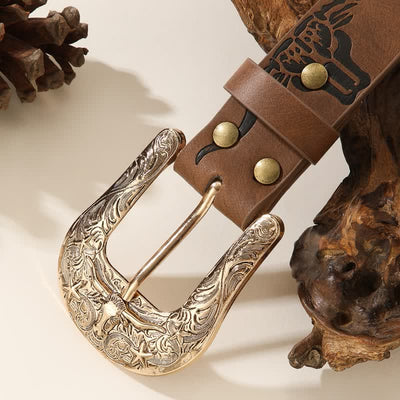 Bold Embossed Longhorn Bull Head Pattern Leather Belt - image 5