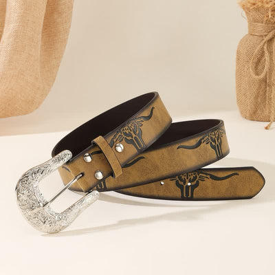 Bold Embossed Longhorn Bull Head Pattern Leather Belt - image 2