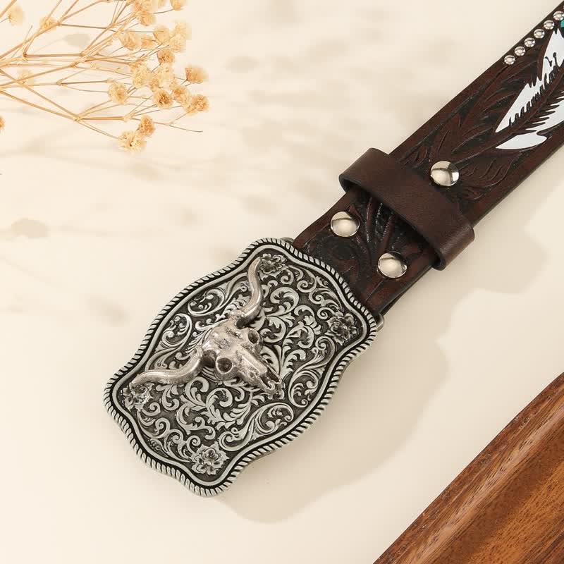 Bull-Shaped Rivet Feather Pattern Embossed Leather Belt - image 3