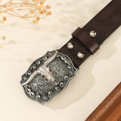 Western Charming Bull-Shaped Rivet Leather Belt - image 3