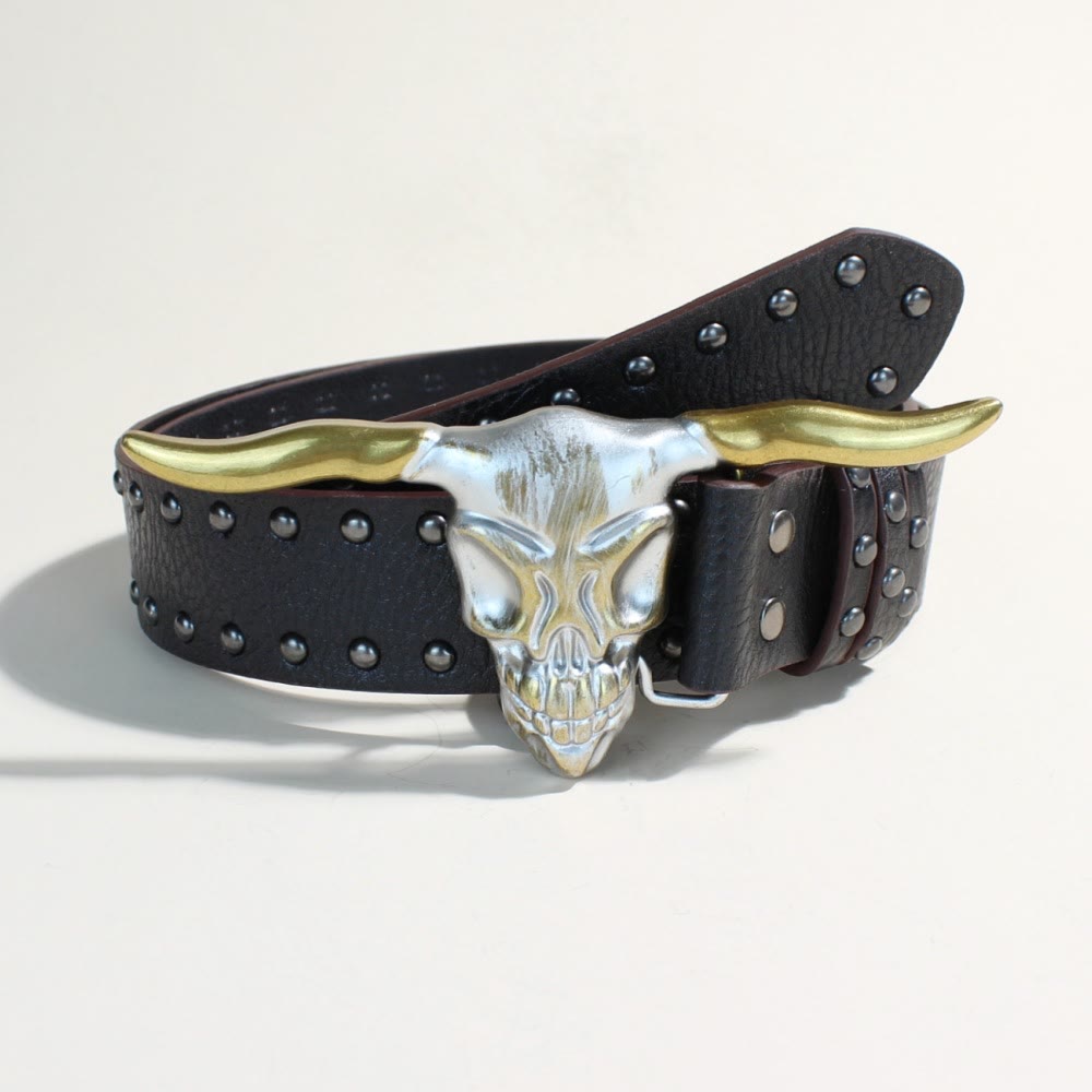 Western Style Golden Longhorn Bull Head Buckle Rivet Belt - Golden Longhorn Bull Head - Black Rivets - 34 - image 0