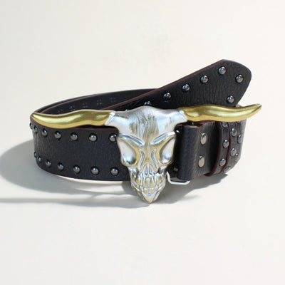 Western Style Golden Longhorn Bull Head Buckle Rivet Belt - Golden Longhorn Bull Head - Black Rivets - 34 - image 0