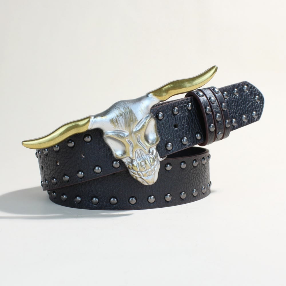 Western Style Golden Longhorn Bull Head Buckle Rivet Belt - image 1