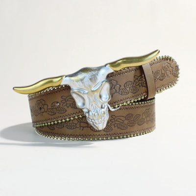 Western Style Golden Longhorn Bull Head Buckle Rivet Belt - image 5
