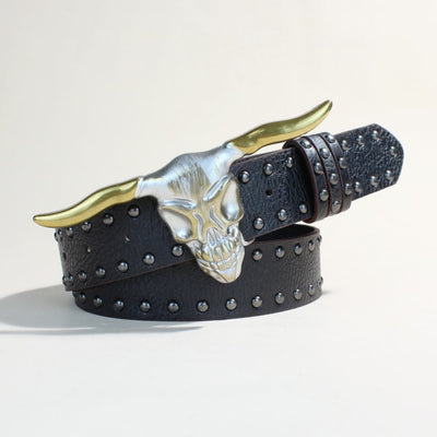 Western Style Golden Longhorn Bull Head Buckle Rivet Belt - image 1