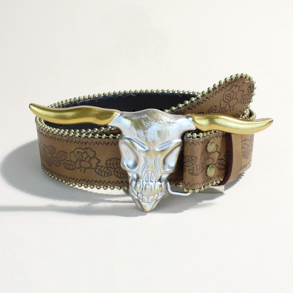 Western Style Golden Longhorn Bull Head Buckle Rivet Belt - Golden Longhorn Bull Head - Brown Print - 34 - image 4
