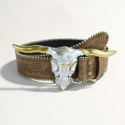 Western Style Golden Longhorn Bull Head Buckle Rivet Belt - Golden Longhorn Bull Head - Brown Print - 34 - image 4