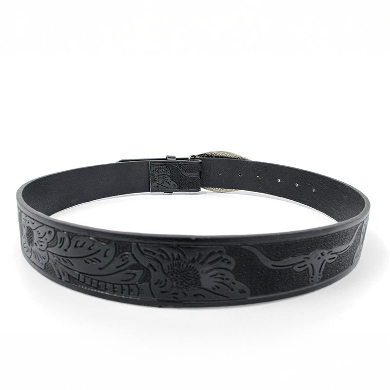 Golden Bull Head Pattern Buckle Black Carved Belt - image 2