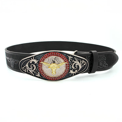Golden Bull Head Pattern Buckle Black Carved Belt - Golden Bull - 34 - image 0
