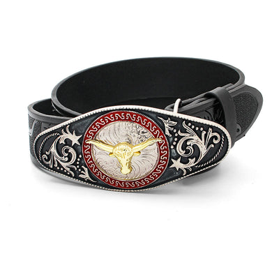 Golden Bull Head Pattern Buckle Black Carved Belt - image 1
