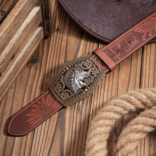 Men's Silver Horse Head Hollow Buckle Carved Belt - image 4