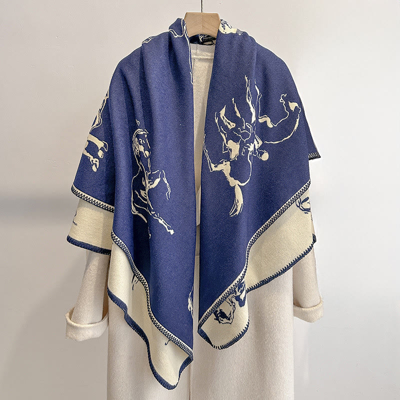 Women's Retro Horse Pattern Shawl Scarf - Dark Blue - image 0