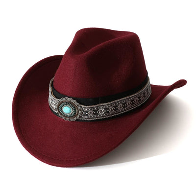 Men's Western Style Turquoise Patterned Brim Belt Cowboy Hat - Wine - M (22"-22 7/8") - image 3