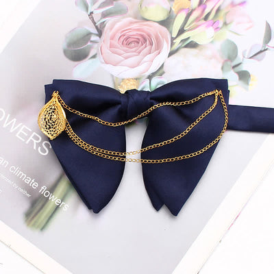 Gold Leaf Decor Oversized Pointed Bow Tie With Chain - Navy - image 12