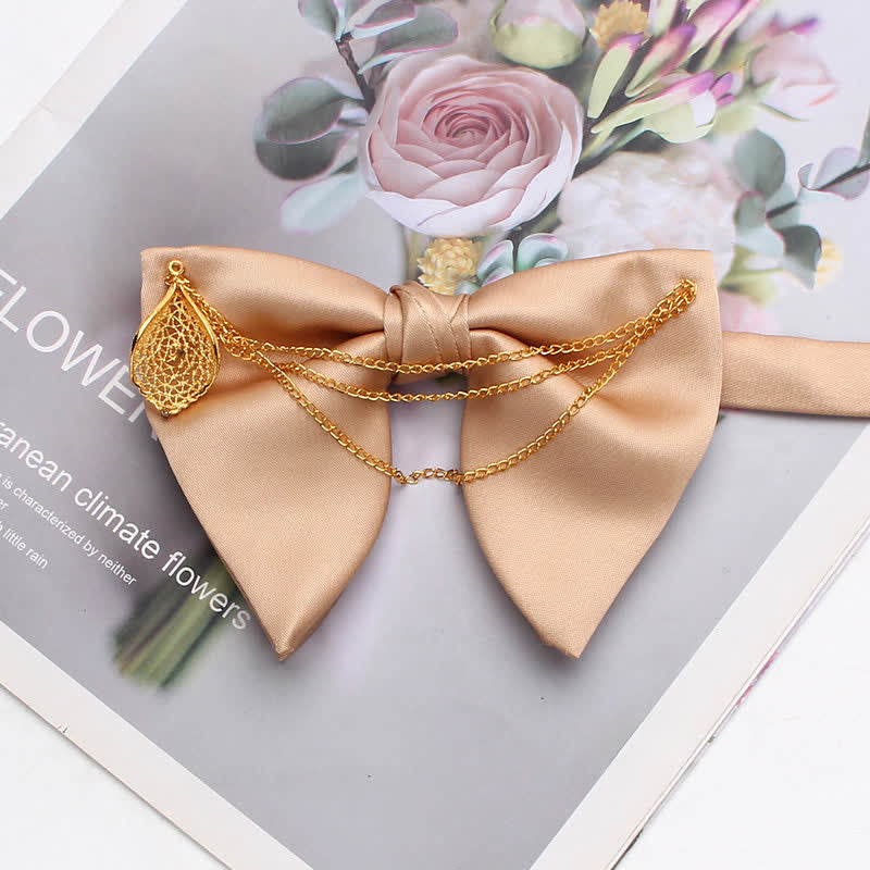 Gold Leaf Decor Oversized Pointed Bow Tie With Chain - Champagne - image 6