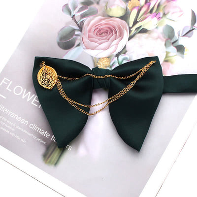 Gold Leaf Decor Oversized Pointed Bow Tie With Chain - Dark Green - image 10