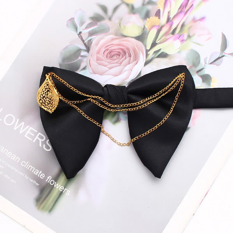 Gold Leaf Decor Oversized Pointed Bow Tie With Chain - Black - image 13