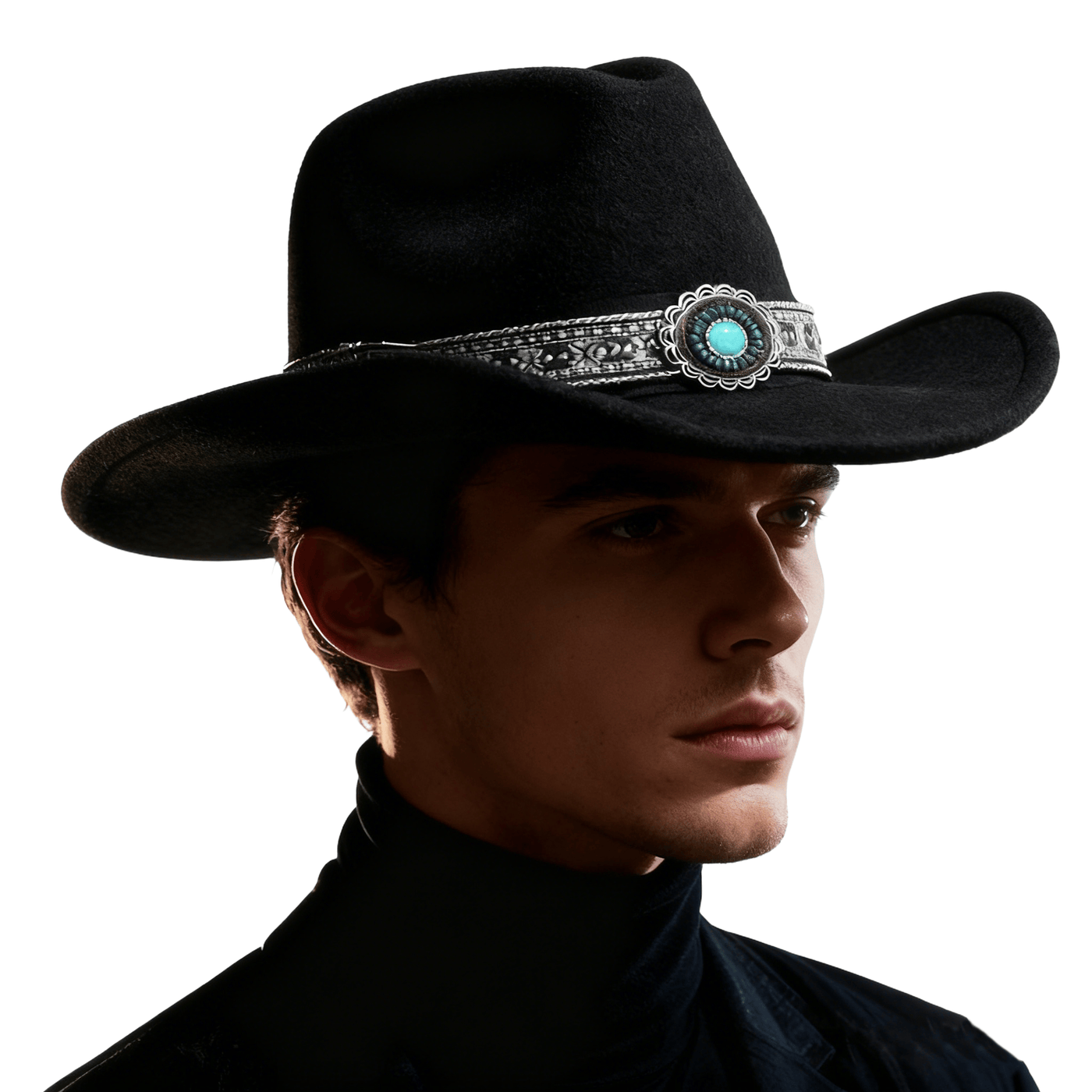 Men's Western Style Turquoise Patterned Brim Belt Cowboy Hat - image 1