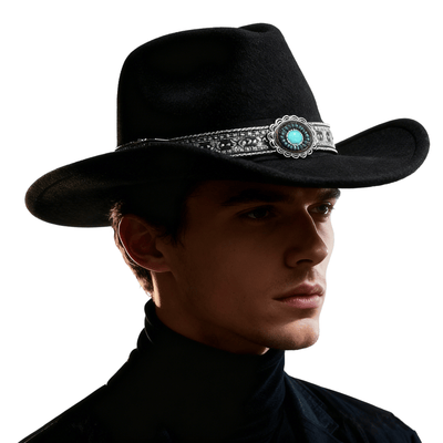 Men's Western Style Turquoise Patterned Brim Belt Cowboy Hat - image 1