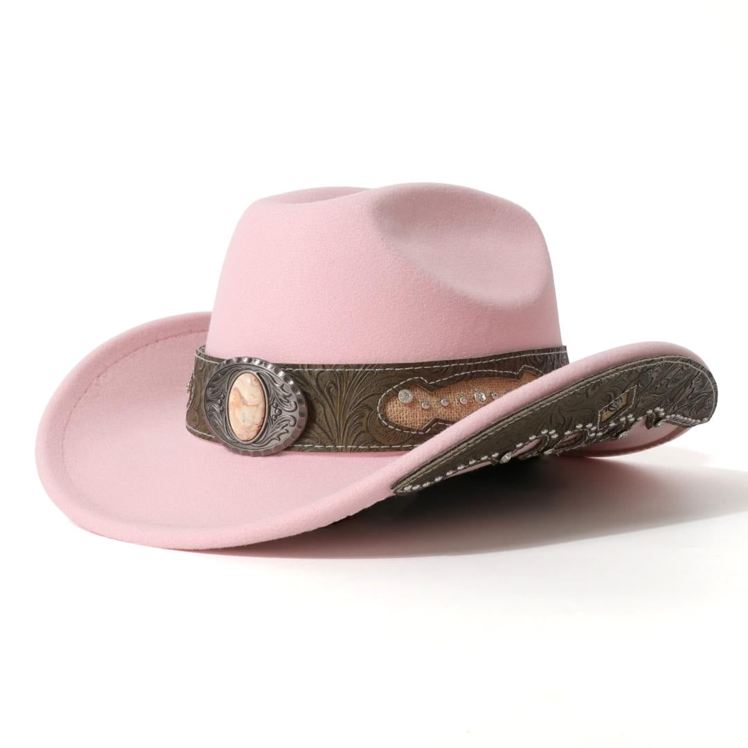Men's Textured Stone Rivet Patterned Brim Belt Cowboy Hat - Light Pink - M (22"-22 7/8") - image 8