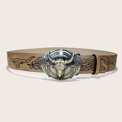 Men's Western Bull Skull Buckle Black Pattern Belt - Bull Skull - Khaki - 38 - image 4