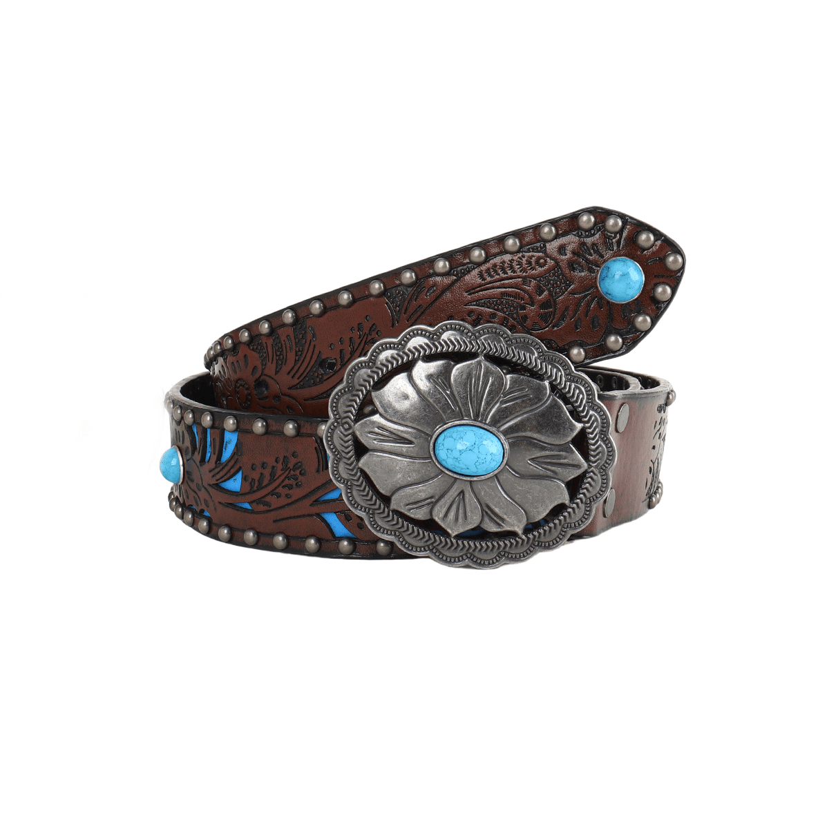 Women's Silver Flower Shaped Turquoise Buckle Metal Rivet Belt - Silver - 38 - image 0