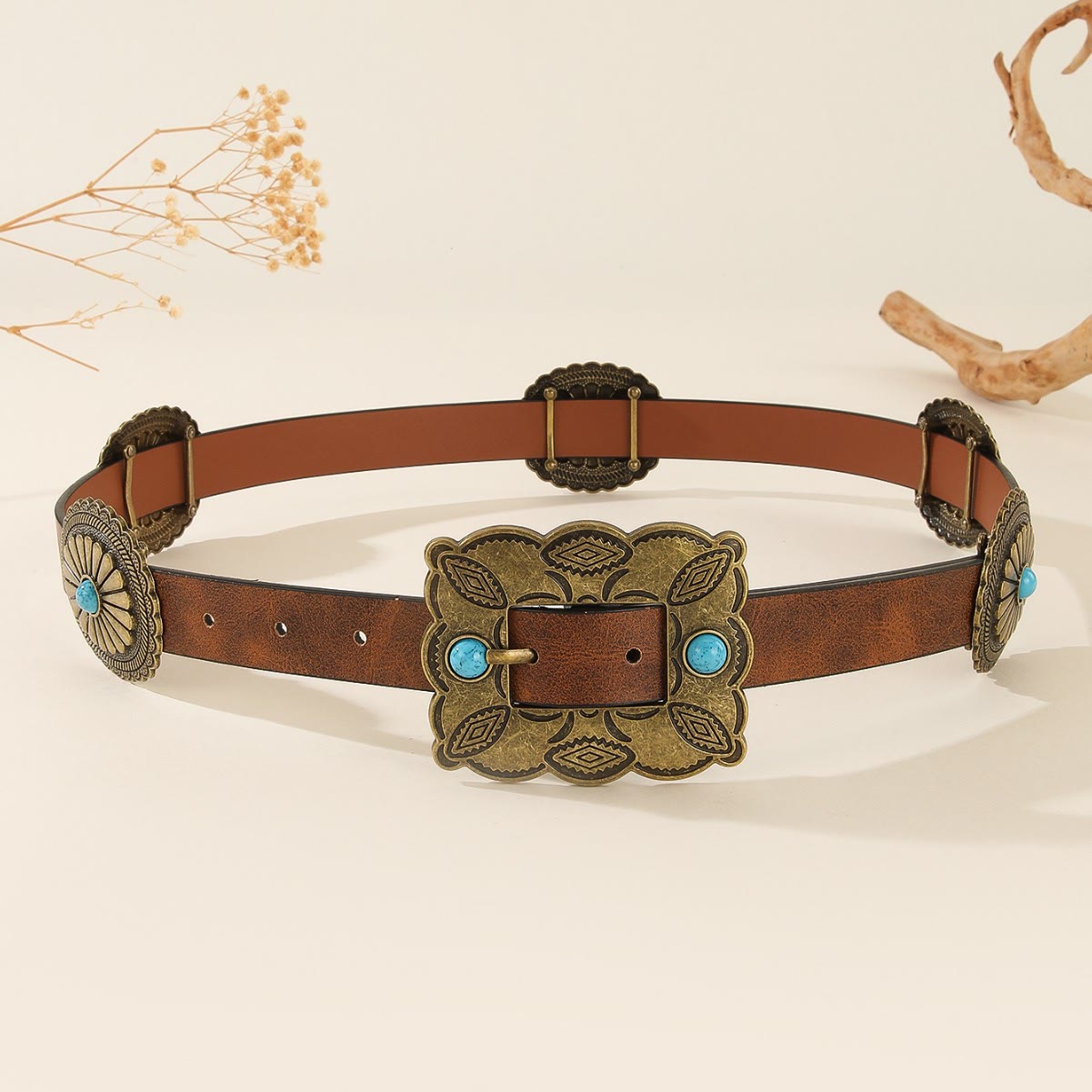 Women's Square Bronze Buckle Round Patterned Turquoise Belt - image 2