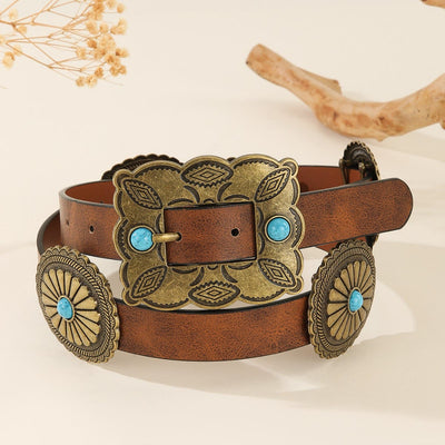 Women's Square Bronze Buckle Round Patterned Turquoise Belt - Brown - 38 - image 0