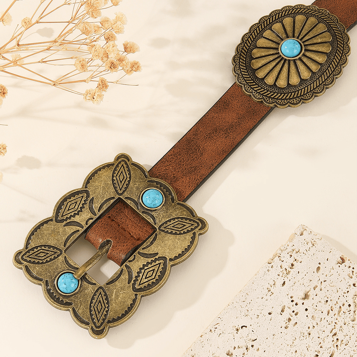 Women's Square Bronze Buckle Round Patterned Turquoise Belt - image 1