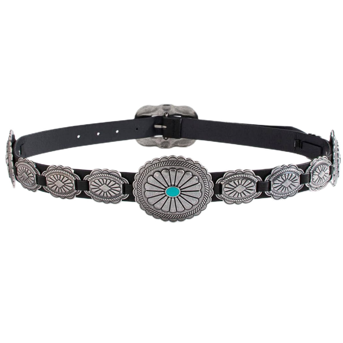 Women's Silver Patterned Turquoise Buckle Belt - Black - 34 - image 0