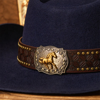 Men's Golden Horse Buckle Brim Rivet Belt Cowboy Hat - image 5