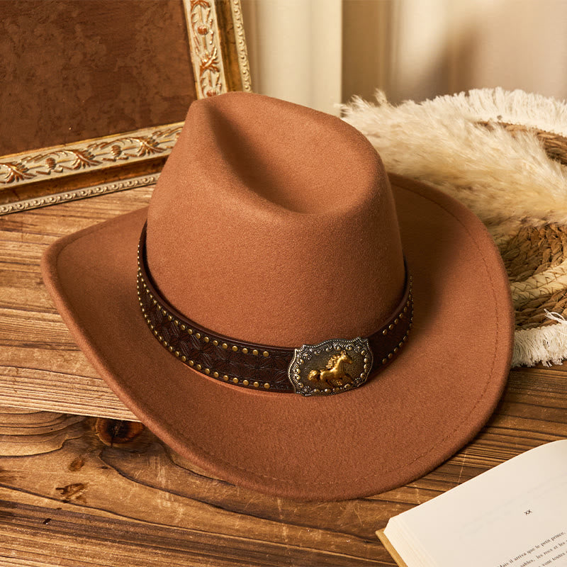 Men's Golden Horse Buckle Brim Rivet Belt Cowboy Hat - image 1
