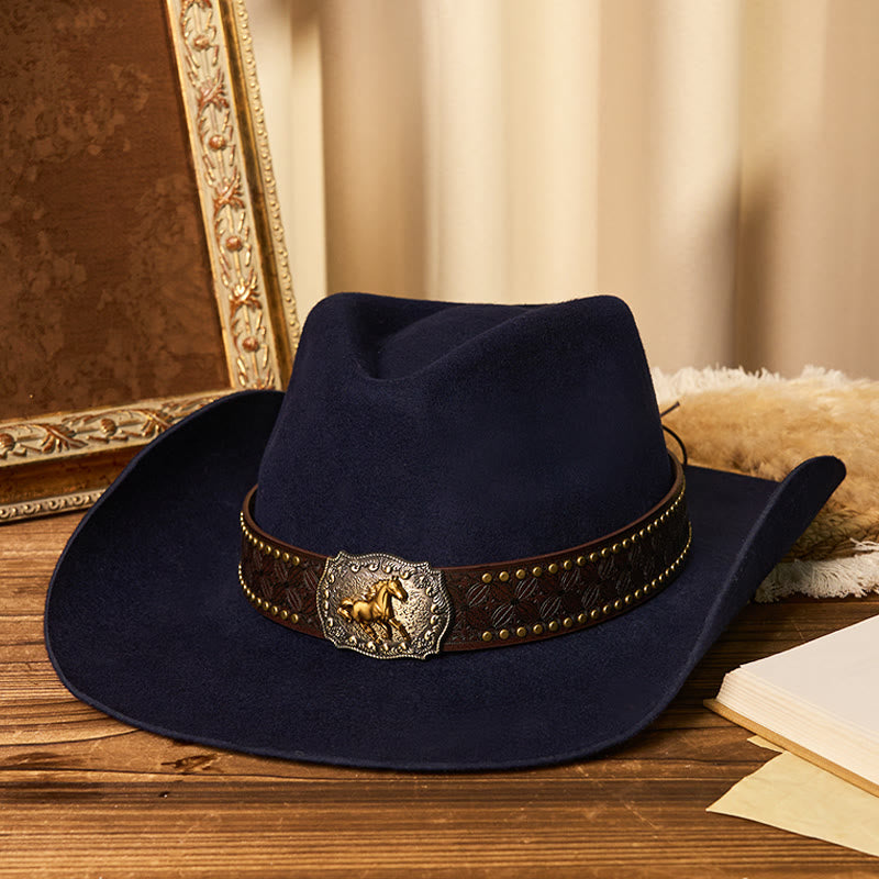 Men's Golden Horse Buckle Brim Rivet Belt Cowboy Hat - Navy Blue - M (22"-22 7/8") - image 3