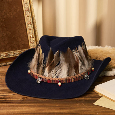 Men's Feather Woven Brim Belt Cowboy Hat - Navy Blue - M (22"-22 7/8") - image 3