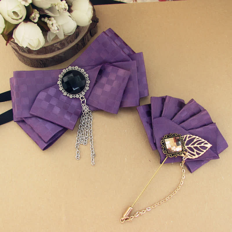 2Pcs Ribbon Checked Pattern Pin Bow Tie Set - Purple - image 7