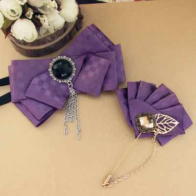 2Pcs Ribbon Checked Pattern Pin Bow Tie Set - Purple - image 7