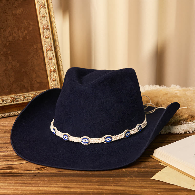 Men's Evil Eye White Knitted Brim Belt Cowboy Hat - Navy Blue - M (22"-22 7/8") - image 3