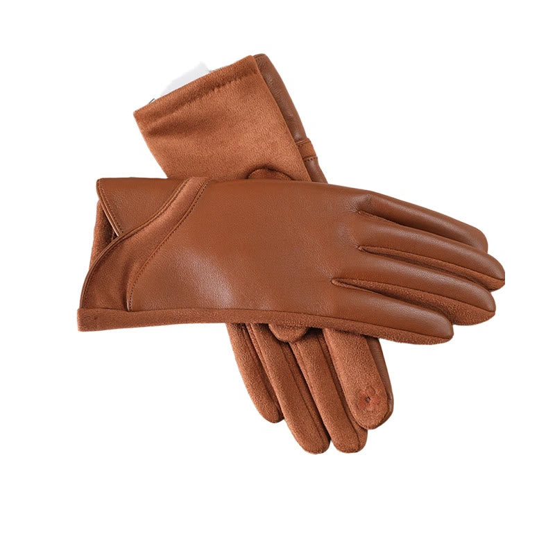 Women's Winter Keep Warm Splicing Design Leather Gloves - Khaki - Adjustable - image 3