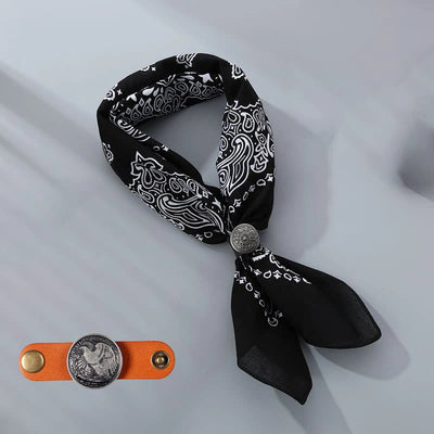 Retro Cashew Print Pocket Square With Coin Buckle - Black - Style #6 - image 22