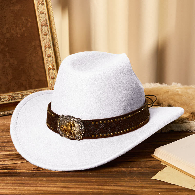Men's Golden Horse Buckle Brim Rivet Belt Cowboy Hat - White - M (22"-22 7/8") - image 9