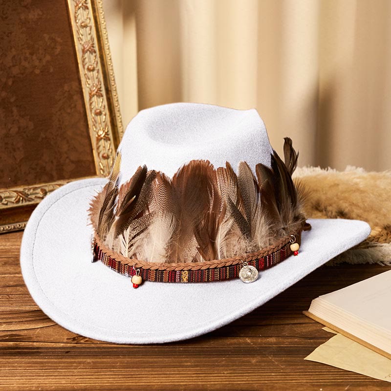 Men's Feather Woven Brim Belt Cowboy Hat - White - M (22"-22 7/8") - image 9