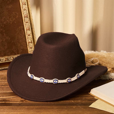 Men's Evil Eye White Knitted Brim Belt Cowboy Hat - Coffee - M (22"-22 7/8") - image 7