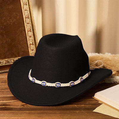Men's Evil Eye White Knitted Brim Belt Cowboy Hat - Black - M (22"-22 7/8") - image 6