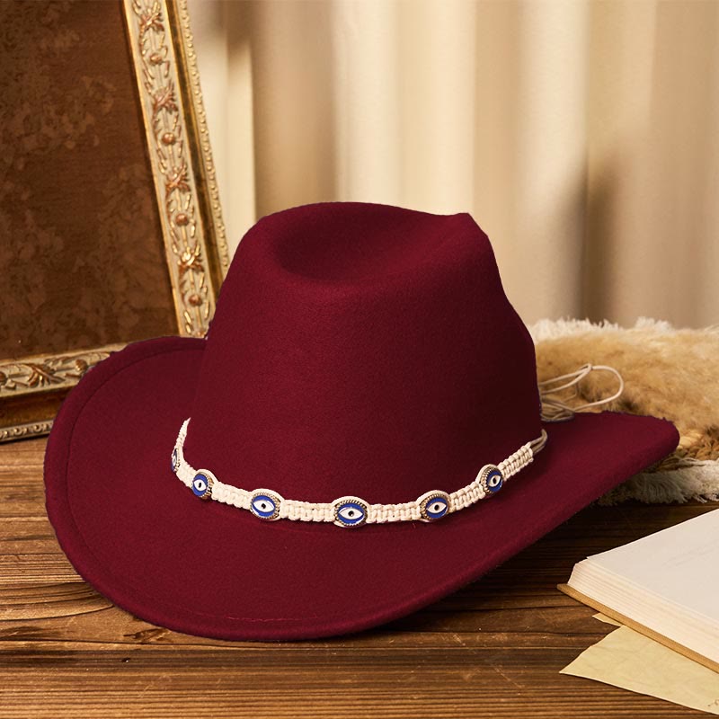 Men's Evil Eye White Knitted Brim Belt Cowboy Hat - Wine - M (22"-22 7/8") - image 8